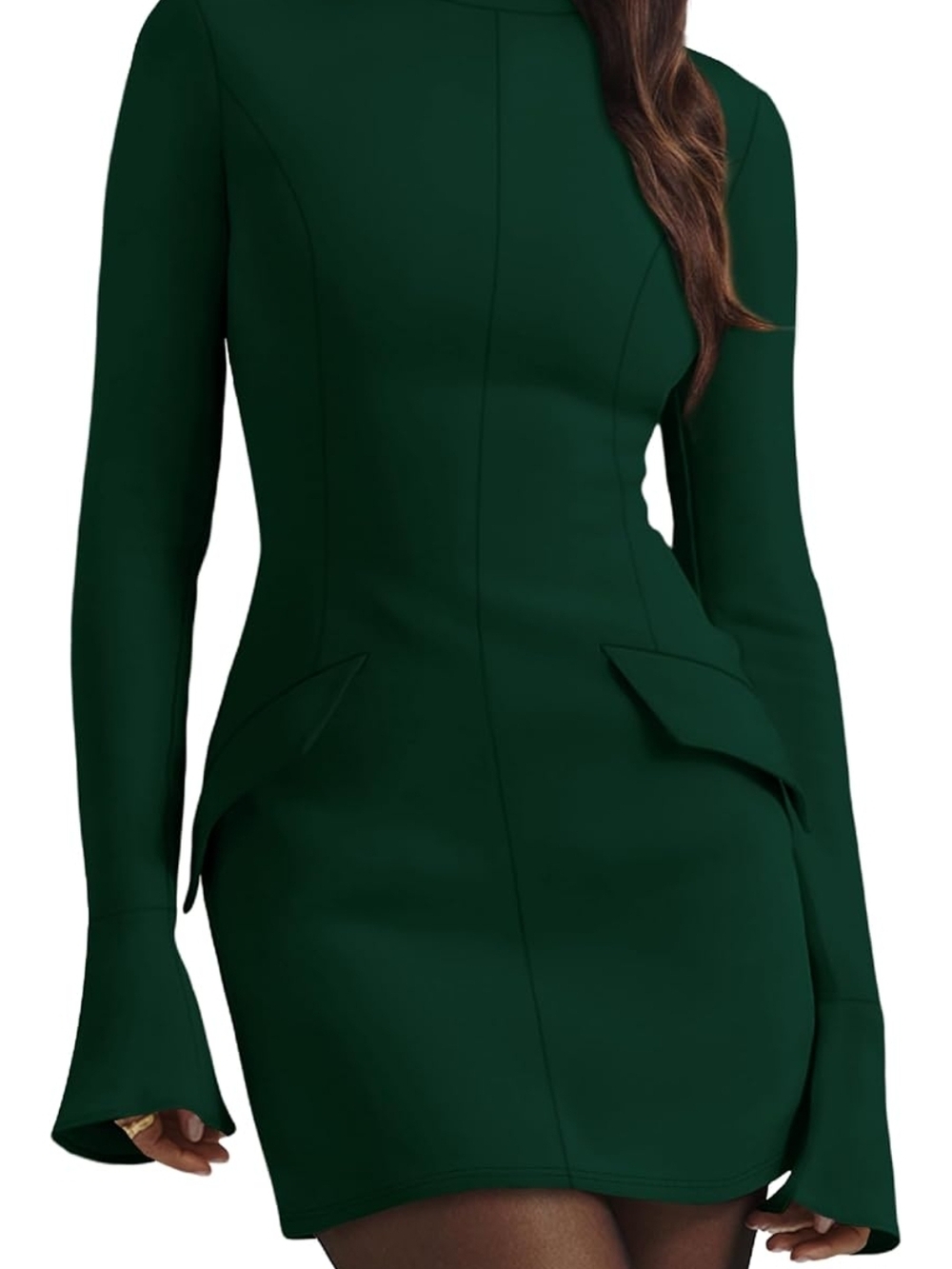 Long Sleeve Dark Green Bodycon Bell Sleeve Mini Dress Women's Size S